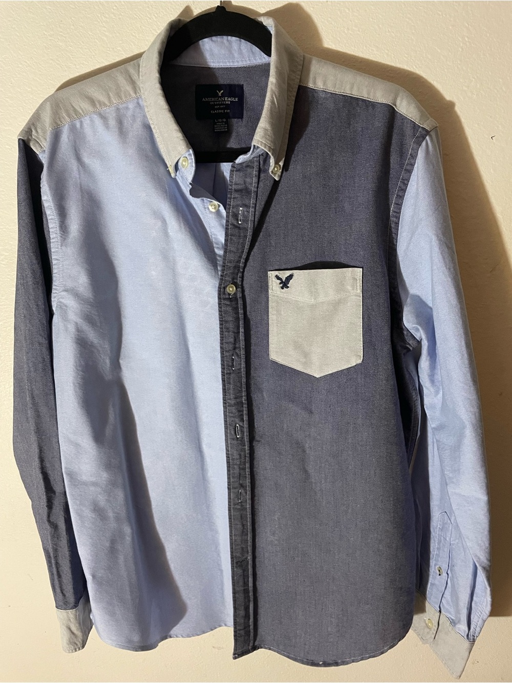 American Eagle Outfitters Two-Tone Light Blue & Navy Button-Down Shirt